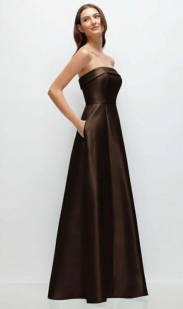 Back View - Espresso Strapless Bias Cuff Bodice Satin Gown with Pockets