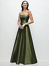 Front View Thumbnail - Olive Green Strapless Bias Cuff Bodice Satin Gown with Pockets