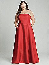 Alt View 1 Thumbnail - Poppy Red Strapless Bias Cuff Bodice Satin Gown with Pockets