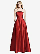 Alt View 3 Thumbnail - Poppy Red Strapless Bias Cuff Bodice Satin Gown with Pockets