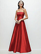 Front View Thumbnail - Poppy Red Strapless Bias Cuff Bodice Satin Gown with Pockets