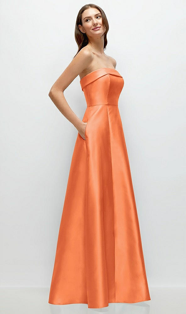 Back View - Portofino Orange Strapless Bias Cuff Bodice Satin Gown with Pockets