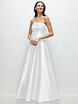 Front View Thumbnail - White Strapless Bias Cuff Bodice Satin Gown with Pockets