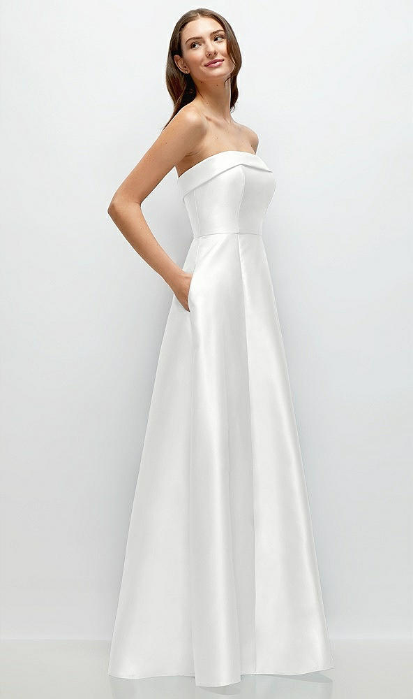 Back View - White Strapless Bias Cuff Bodice Satin Gown with Pockets