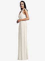 Side View Thumbnail - Ivory Pleated V-Neck Closed Back Trumpet Gown with Draped Front Slit