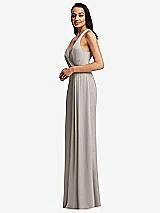 Side View Thumbnail - Taupe Pleated V-Neck Closed Back Trumpet Gown with Draped Front Slit