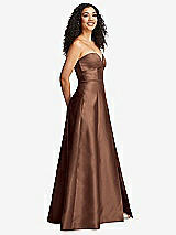 Side View Thumbnail - Cognac Strapless Bustier A-Line Satin Gown with Front Slit