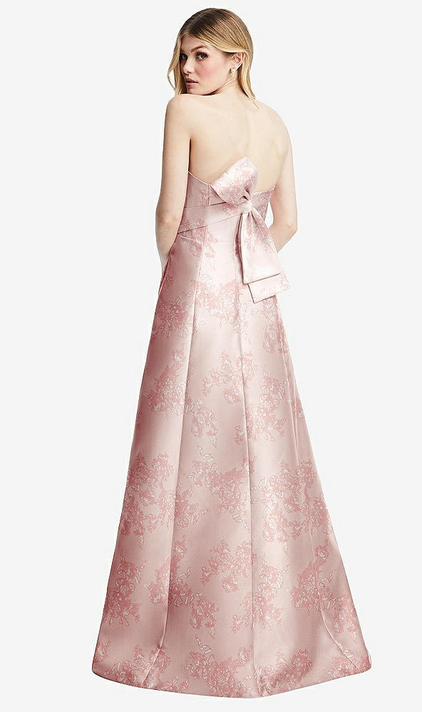 Back View - Bow And Blossom Print Strapless A-line Floral Satin Gown with Modern Bow Detail