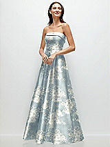 Front View Thumbnail - Porcelain Blue Seraphina Floral Strapless Bias Cuff Bodice Floral Satin Gown with Pockets