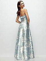 Rear View Thumbnail - Porcelain Blue Seraphina Floral Strapless Bias Cuff Bodice Floral Satin Gown with Pockets