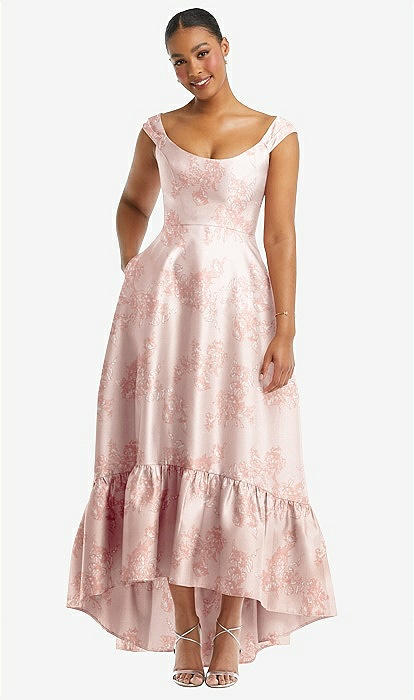 Cap Sleeve Deep Ruffle Hem Floral High Low Bridesmaid Dress With Pockets In  Bow And Blossom Print | The Dessy Group
