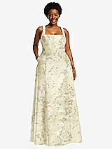 Alt View 1 Thumbnail - Butter Yellow Floral Boned Corset Closed-Back Floral Satin Gown with Full Skirt