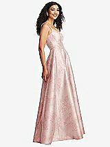 Side View Thumbnail - Bow And Blossom Print Boned Corset Closed-Back Floral Satin Gown with Full Skirt