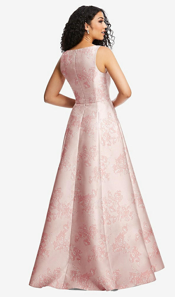 Back View - Bow And Blossom Print Boned Corset Closed-Back Floral Satin Gown with Full Skirt