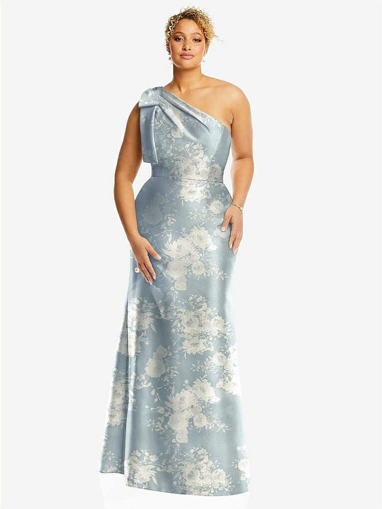 Bow One-shoulder Full A-line Floral Satin Maxi Bridesmaid Dress In