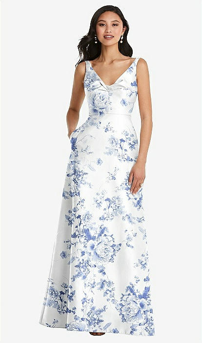 Pleated Bodice Open-back Floral Maxi Bridesmaid Dress With Pockets In Cottage Rose Larkspur | The Dessy Group Pleated Bodice Open-back Floral Maxi Bridesmaid Dress With Pockets In Cottage Rose Larkspur | The Dessy Group