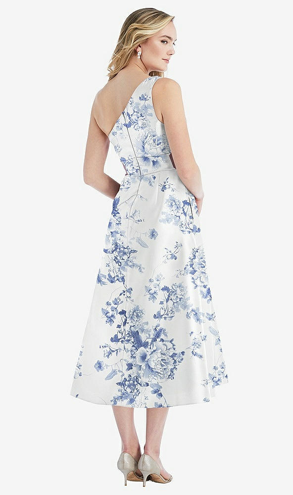 Back View - Cottage Rose Larkspur Draped One-Shoulder Floral Satin Midi Dress with Pockets
