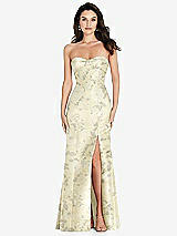 Front View Thumbnail - Butter Yellow Floral Bow Cuff Strapless Floral Princess Waist Trumpet Gown