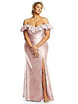 Alt View 3 Thumbnail - Bow And Blossom Print Off-the-Shoulder Ruffle Neck Floral Satin Trumpet Gown