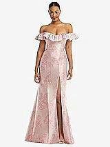 Front View Thumbnail - Bow And Blossom Print Off-the-Shoulder Ruffle Neck Floral Satin Trumpet Gown
