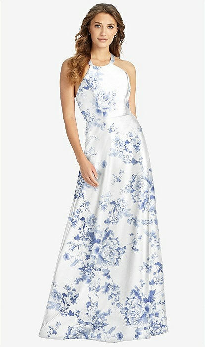 Halter Lace-up Back Floral Satin A-line Maxi Bridesmaid Dress In Cottage Rose Larkspur | The Dessy Group Halter Lace-up Back Floral Satin A-line Maxi Bridesmaid Dress In Cottage Rose Larkspur | The Dessy Group