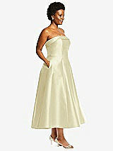 Alt View 3 Thumbnail - Butter Yellow Cuffed Strapless Satin Twill Midi Dress with Full Skirt and Pockets