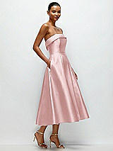 Rear View Thumbnail - Ballet Pink Cuffed Strapless Satin Twill Midi Dress with Full Skirt and Pockets