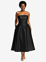 Alt View 1 Thumbnail - Black Cuffed Strapless Satin Twill Midi Dress with Full Skirt and Pockets