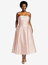 Alt View 1 Thumbnail - Blush Cuffed Strapless Satin Twill Midi Dress with Full Skirt and Pockets