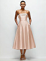 Front View Thumbnail - Cameo Cuffed Strapless Satin Twill Midi Dress with Full Skirt and Pockets