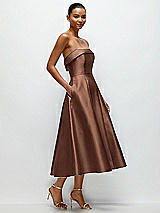 Rear View Thumbnail - Cognac Cuffed Strapless Satin Twill Midi Dress with Full Skirt and Pockets