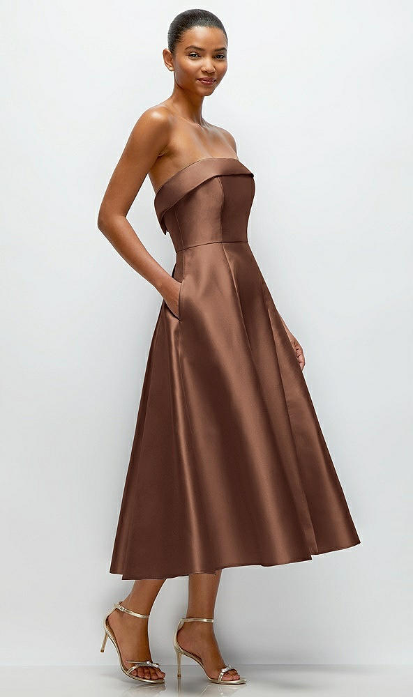 Back View - Cognac Cuffed Strapless Satin Twill Midi Dress with Full Skirt and Pockets