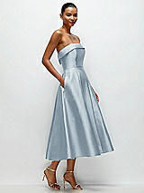 Rear View Thumbnail - Mist Cuffed Strapless Satin Twill Midi Dress with Full Skirt and Pockets