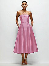 Front View Thumbnail - Powder Pink Cuffed Strapless Satin Twill Midi Dress with Full Skirt and Pockets