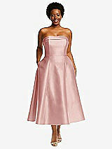 Alt View 1 Thumbnail - Rose Cuffed Strapless Satin Twill Midi Dress with Full Skirt and Pockets