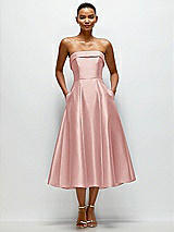Front View Thumbnail - Rose Cuffed Strapless Satin Twill Midi Dress with Full Skirt and Pockets