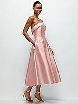 Rear View Thumbnail - Rose Cuffed Strapless Satin Twill Midi Dress with Full Skirt and Pockets