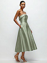 Rear View Thumbnail - Sage Cuffed Strapless Satin Twill Midi Dress with Full Skirt and Pockets