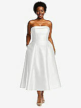Alt View 1 Thumbnail - White Cuffed Strapless Satin Twill Midi Dress with Full Skirt and Pockets