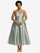 Alt View 4 Thumbnail - Willow Green Cuffed Strapless Satin Twill Midi Dress with Full Skirt and Pockets