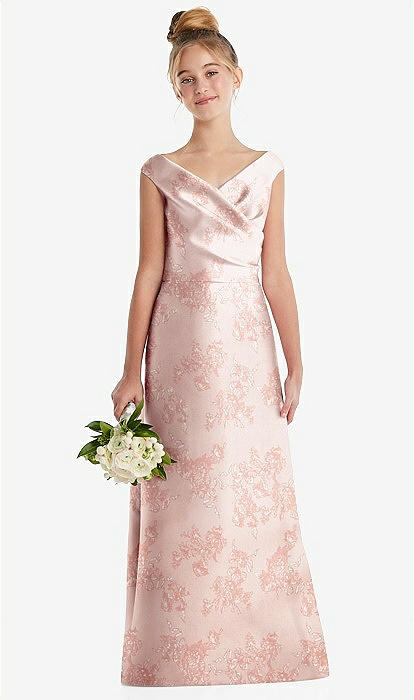 Floral Off-the-Shoulder Draped Wrap Satin Junior Bridesmaid Dress