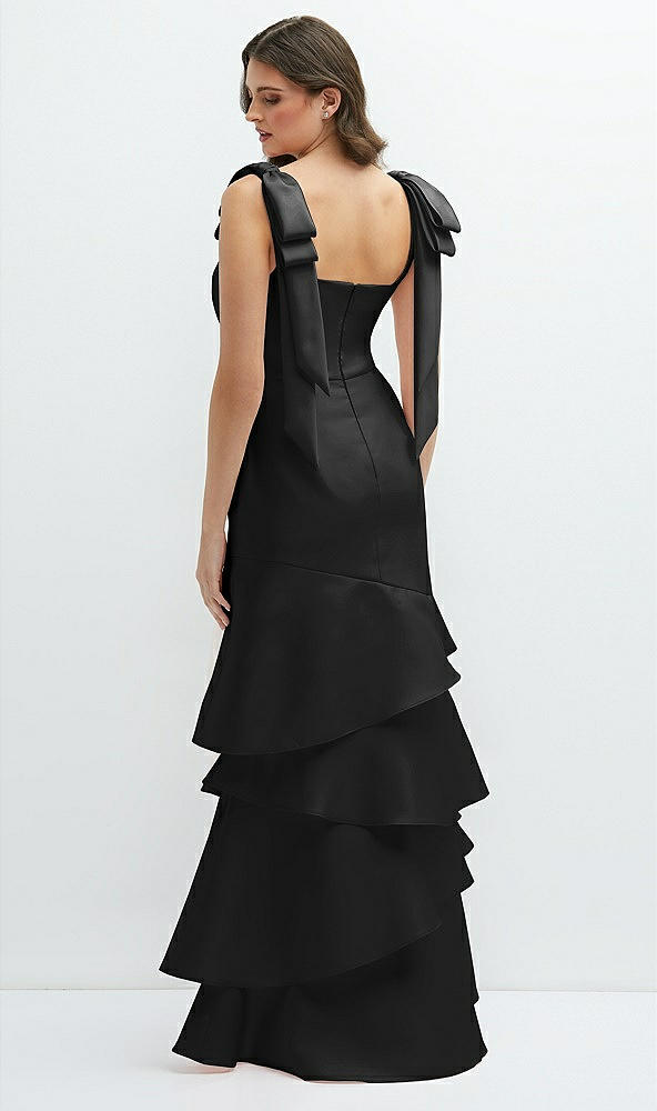 Back View - Black Bow-Shoulder Satin Maxi Dress with Asymmetrical Tiered Skirt
