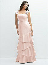 Side View Thumbnail - Blush Bow-Shoulder Satin Maxi Dress with Asymmetrical Tiered Skirt