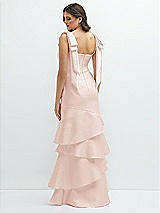 Rear View Thumbnail - Blush Bow-Shoulder Satin Maxi Dress with Asymmetrical Tiered Skirt