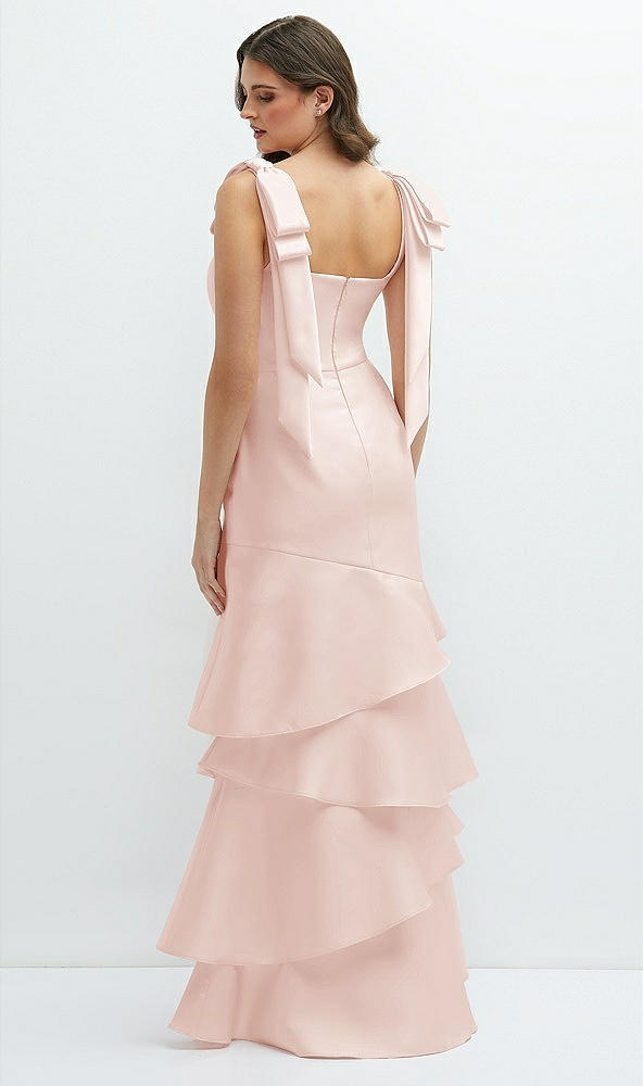 Back View - Blush Bow-Shoulder Satin Maxi Dress with Asymmetrical Tiered Skirt