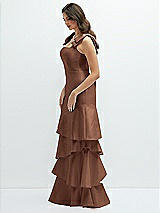 Front View Thumbnail - Cognac Bow-Shoulder Satin Maxi Dress with Asymmetrical Tiered Skirt