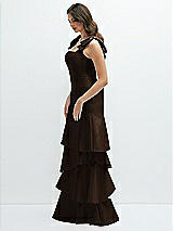 Front View Thumbnail - Espresso Bow-Shoulder Satin Maxi Dress with Asymmetrical Tiered Skirt