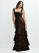 Side View Thumbnail - Espresso Bow-Shoulder Satin Maxi Dress with Asymmetrical Tiered Skirt
