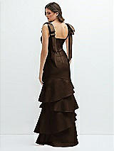 Rear View Thumbnail - Espresso Bow-Shoulder Satin Maxi Dress with Asymmetrical Tiered Skirt