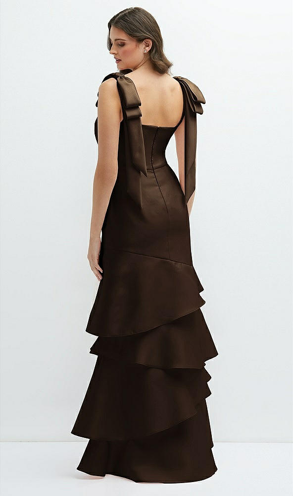 Back View - Espresso Bow-Shoulder Satin Maxi Dress with Asymmetrical Tiered Skirt